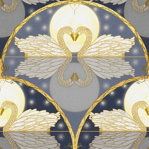 (L) Swan Love in the Moonlight // Ivory and Gold on Navy