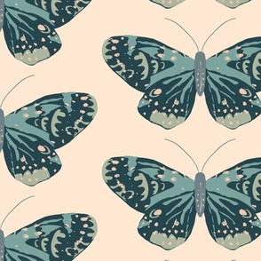Moody Multi Colored Hand Drawn Butterflies - (LARGE) Blue Green on Eggshell White Background