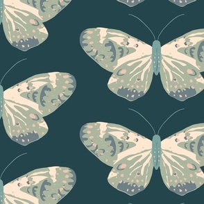 Moody Multi Colored Hand Drawn Butterflies - (LARGE) - Eggshell White and Green  on Dark Blue Background