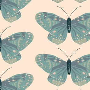 Moody Multi Colored Hand Drawn Butterflies - (LARGE) - Blue Green on Dark Blue Background
