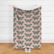 Moody Multi Colored Hand Drawn Butterflies - (LARGE) - Blue Green on Pink Background