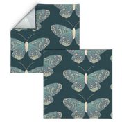 Moody Multi Colored Hand Drawn Butterflies - (LARGE) - Blue Green Eggshell  on Dark Blue Background