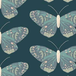Moody Multi Colored Hand Drawn Butterflies - (LARGE) - Blue Green Eggshell  on Dark Blue Background