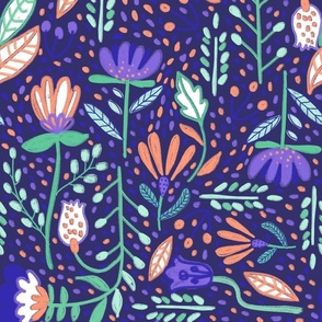 midnight garden_wild_flowers_whimsical woddland_dark purple background fabric wallpaper