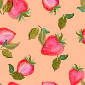 strawberries / red ,pink  and green hand drawn in peach fuzz background fabric,wallpaper