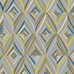 African geometric tiles with striped rhombus gray, taupe, silver, gold, dark peacock blue