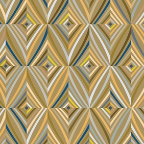 African geometric tiles with striped rhombus gray, taupe, silver, gold, dark peacock blue