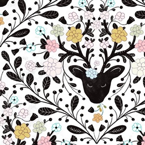 stag head, with Blooming antlers, hand drawn Black abd white with pastel flowers, Textured, large scale wallpaper