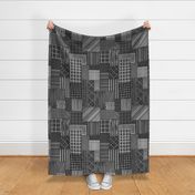 Carbone Gray Cheater Quilt With Irregular Grid of  Stripes, Dots and Plaid Patterns, Large Scale, Monochromatic Charcoal