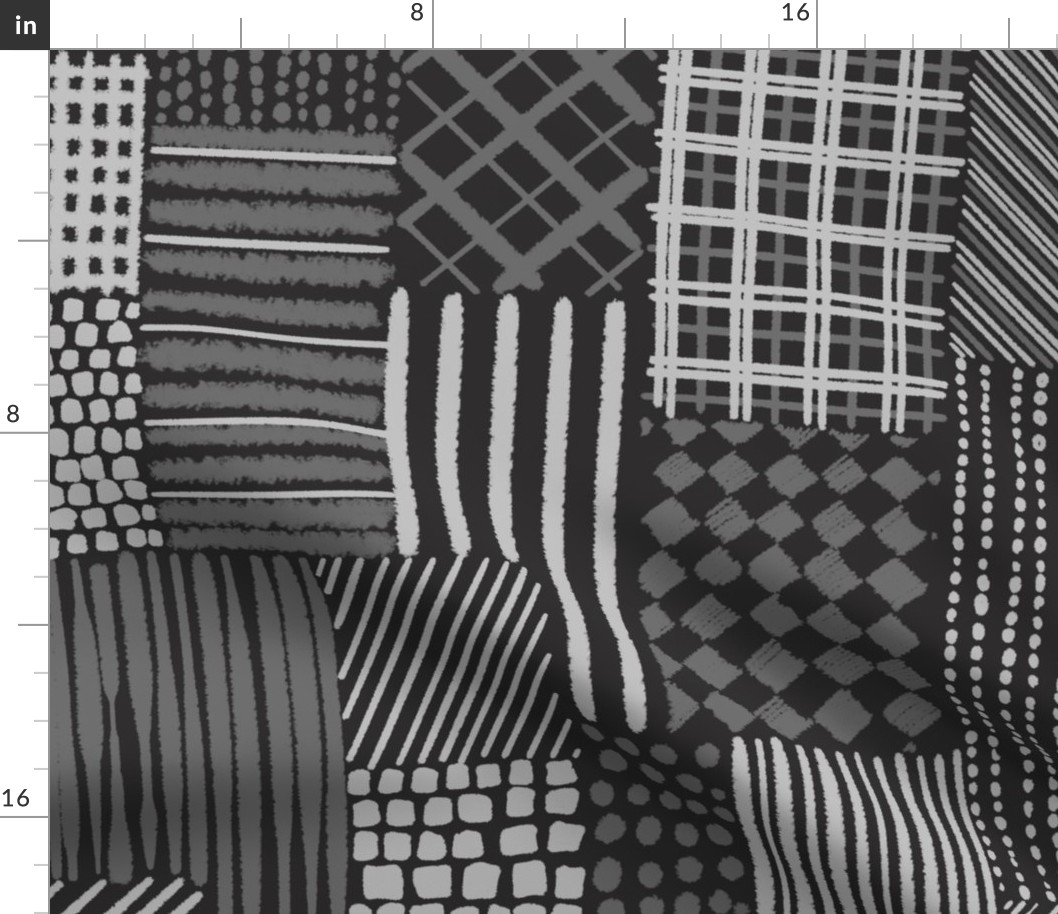 Carbone Gray Cheater Quilt With Irregular Grid of  Stripes, Dots and Plaid Patterns, Large Scale, Monochromatic Charcoal