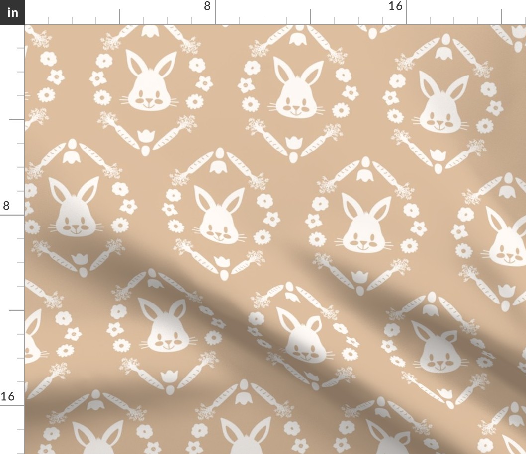 large easter bunnies in floral ovals in eggshell off white on light brown