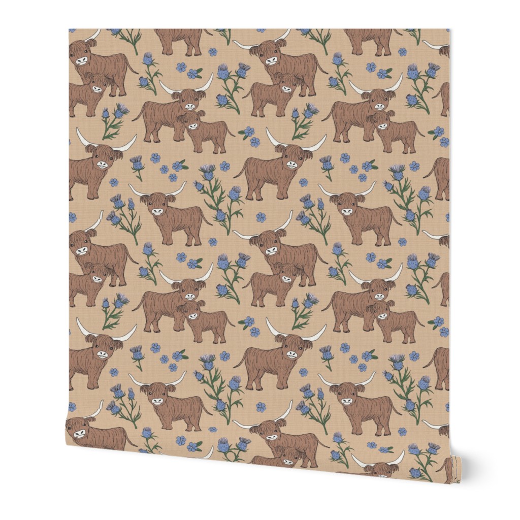 Sweet cutesy highland cows in a lush spring garden -  longhorn and thistles ranch design for kids wild animal design lilac violet green on sand