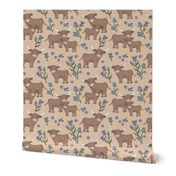 Sweet cutesy highland cows in a lush spring garden -  longhorn and thistles ranch design for kids wild animal design lilac violet green on sand