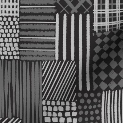 Carbone Gray Cheater Quilt With Irregular Grid of  Stripes, Dots and Plaid Patterns, Small Scale, Monochromatic Charcoal