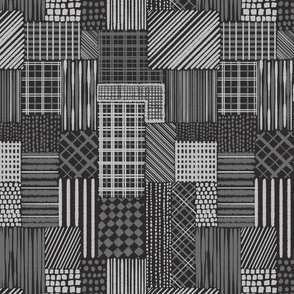 Carbone Gray Cheater Quilt With Irregular Grid of  Stripes, Dots and Plaid Patterns, Small Scale, Monochromatic Charcoal