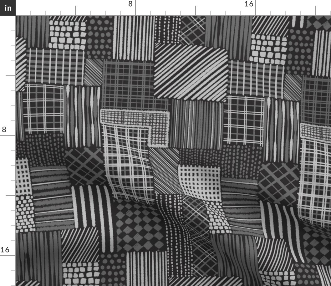 Carbone Gray Cheater Quilt With Irregular Grid of  Stripes, Dots and Plaid Patterns, Small Scale, Monochromatic Charcoal