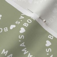 Retro swoosh Mother's Day - mama's boy hearts text design white on olive green 