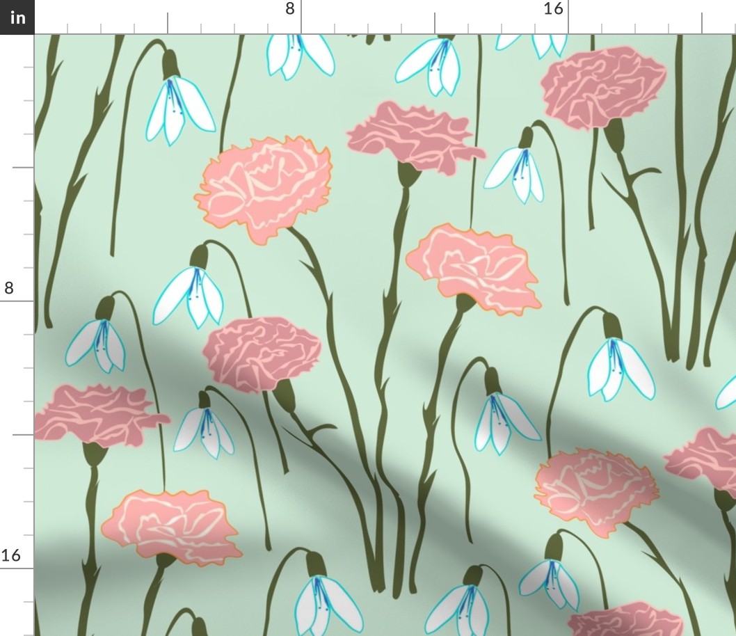 (L) Carnations and Snowdrops January Birth Month Flower Peach, Rose and Light Green