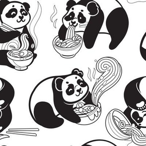Black and White Pandas Eating Ramen Noodles 