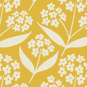 (L) Bee Happy Phlox - Cream Hand Drawn Flowers on a Mustard Yellow Background