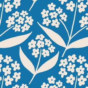 (L) Bee Happy Phlox - Cream Hand Drawn Flowers on a Methyl Blue Background