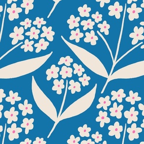 (L) Bee Happy Phlox - Pink and Cream Hand Drawn Flowers on a Methyl Blue Background