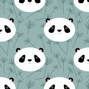 Large - Cute Baby Panda Heads Grey Green Bamboo