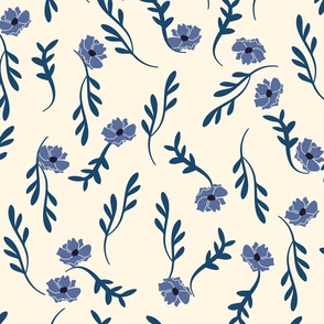 Blue Flowers Stems And Leaves On Light Background