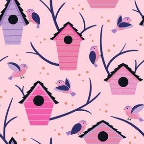 Cute little birds and tree birdhouses on pink and purple - small scale