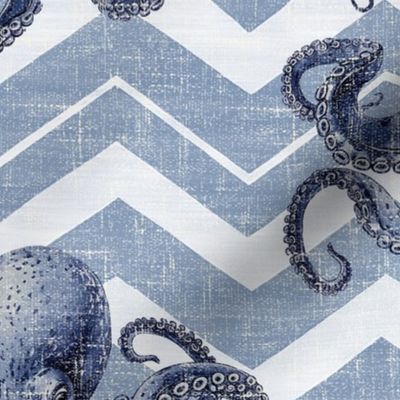 Octopus Whimsy-X.LG. – Blue on Blue/White Linen Chevron Wallpaper – New