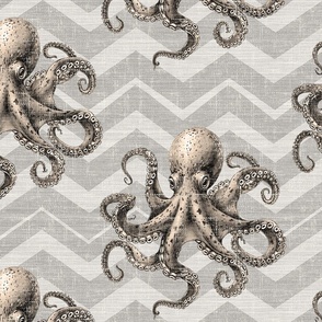 Octopus Whimsy-X.LG. – Lt. Sepia on Gray/White Linen Chevron Wallpaper – New