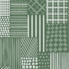 Salvia Green Cheater Quilt With Irregular Grid of  Stripes, Dots and Plaid Patterns, Large Scale, Monochromatic Sage