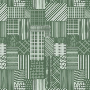 Salvia Green Cheater Quilt With Irregular Grid of  Stripes, Dots and Plaid Patterns, Small Scale, Monochromatic Sage