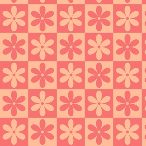 Retro Floral Checkerboard Pattern Peach Fuzz & Georgia Peach