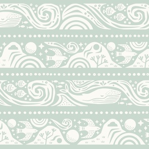 Earth Sea & Sky Stripe | Large Scale | Light Sage Grey | Whale Birds Mountain Waves Nature