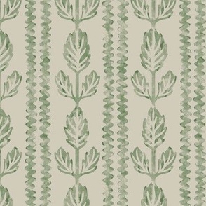 COLETTE textured rows of wavy lines and block-print inspired and watercolor-like leaves in Sage Green and Cream