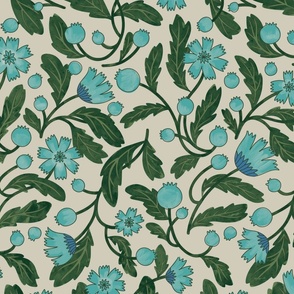 (m) FRENCHIE (updated removed tiny hairline) romantic historical-inspired intertwining trailing florals in Teal, Blue, Dark Green