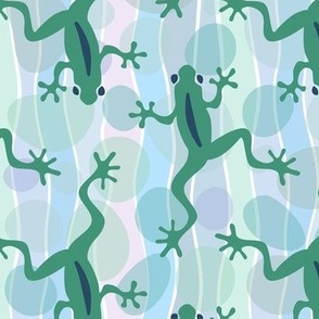 leaping forward green frog in pastel flowing stream rippling water and pebbles boys room patio decor