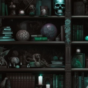 Spooky Photo-realistic Dark Academia Bookshelves in Aqua with Glowing Candles and Skulls