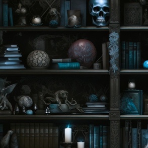 Spooky Photo-realistic Dark Academia Bookshelves in Blue with Glowing Candles and Skulls