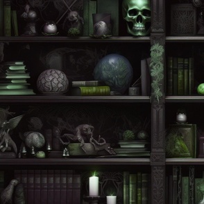 Spooky Photo-realistic Dark Academia Bookshelves in Green with Glowing Candles and Skulls