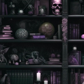 Spooky Photo-realistic Dark Academia Bookshelves in Pink with Glowing Candles and Skulls