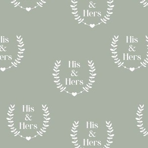 His & Hers wedding design - little hearts and leaves floral decoration wreath on sage green