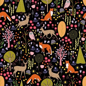 Woodland Animals in a Beautiful Night Forest 2401221097 -Black, orange, green