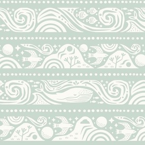 Earth Sea & Sky Stripe | Medium Scale | Light Sage Grey | Whale Birds Mountain Waves Nature