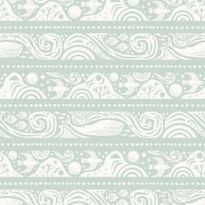 Earth Sea & Sky Stripe | Small Scale | Light Sage Grey | Whale Birds Mountain Waves Nature