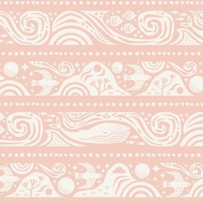 Earth Sea & Sky Stripe | Medium Scale | Peach Blush Pink| Whale Birds Mountain Waves Nature