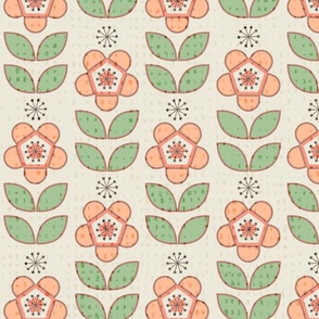 Large Retro Floral with Pantone Peach Fuzz on Cream Ground with Faux Texture