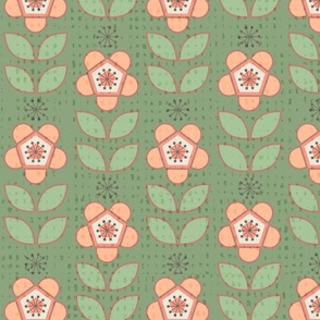 Large Retro Floral with Pantone Peach Fuzz on Green Ground with Faux Texture