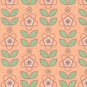 Large Retro Floral with Pantone Peach Fuzz  Ground and Faux Texture